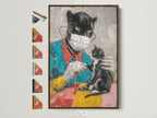 Panther Doctor art print is displayed in a brown frame. All frame options are presented on the side. This veterinarian wall art adds a contemporary animal artwork touch. Perfect for clinic decor and office wall art.