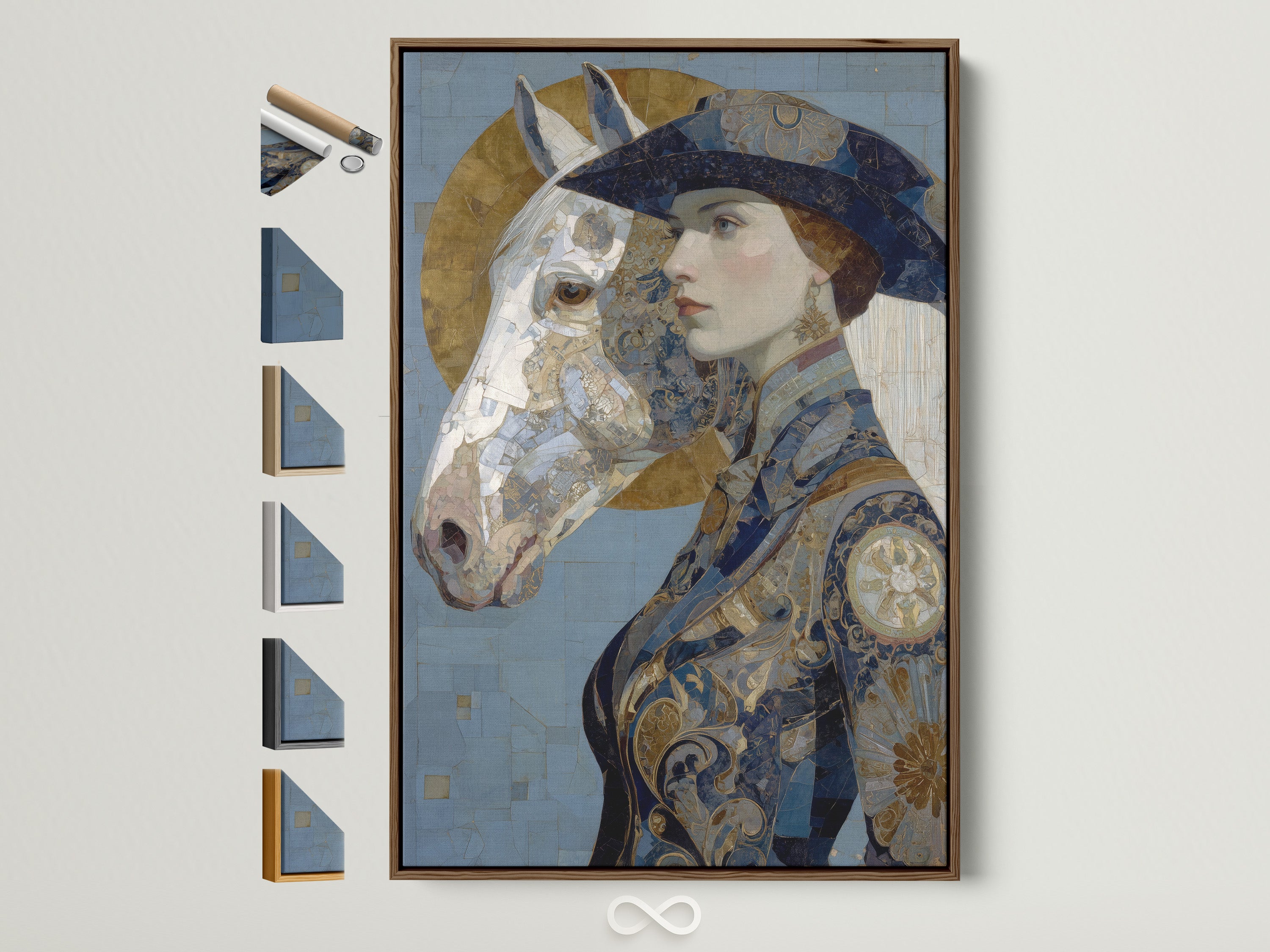A captivating Art Nouveau Woman Canvas Artwork is displayed with frame options. The artwork features a vintage portrait of a woman and horse in blue and gold tones. Consider this ornamental print for eclectic bohemian bedroom wall art. Shop now to elevate your space with this unique piece of art.