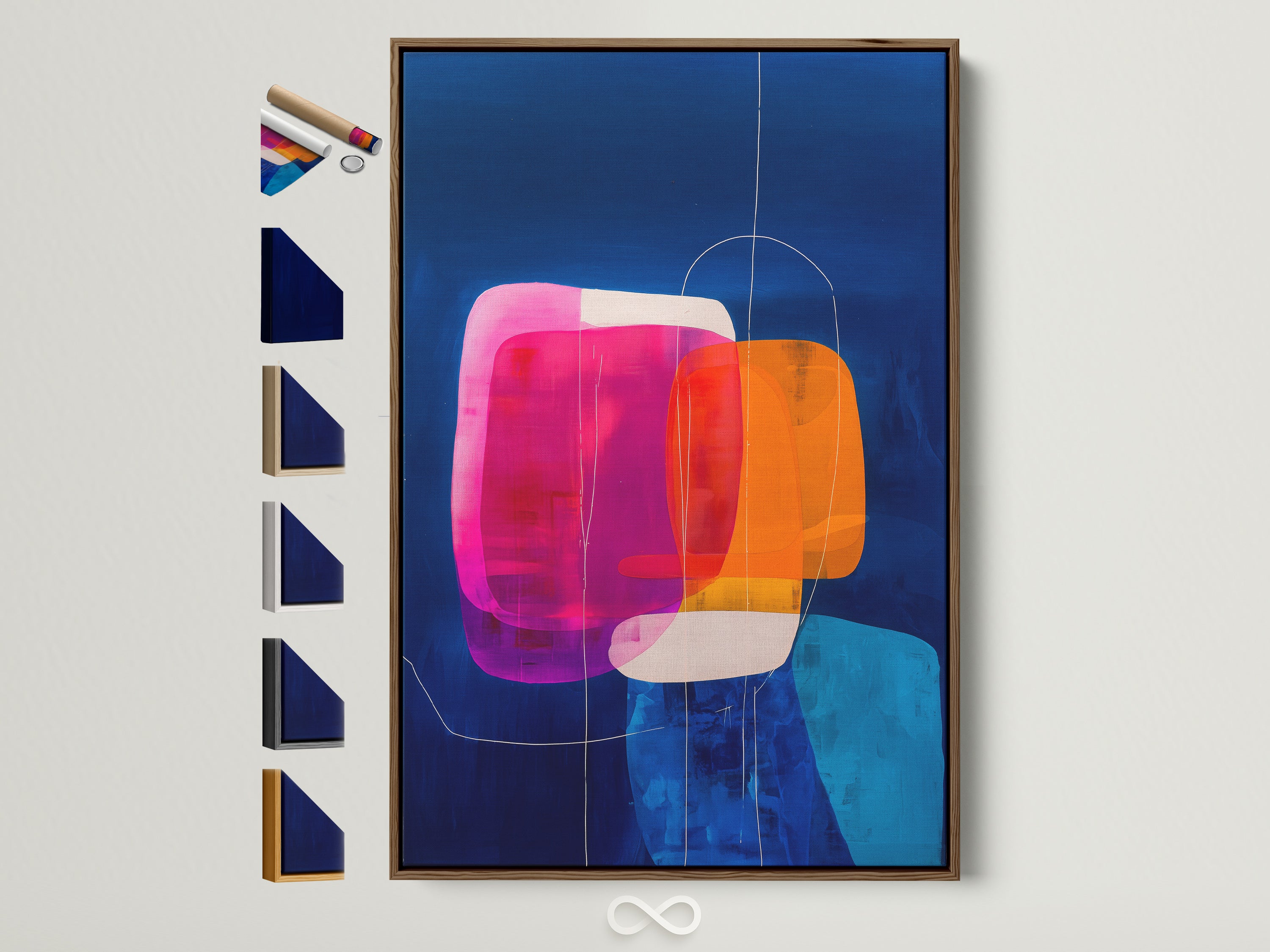 Abstract geometric artwork with blue orange and pink hues framed in a brown frame. The artwork is displayed on a wall. Frame options are visible on the side. Perfect wall art for modern eclectic and minimalist spaces