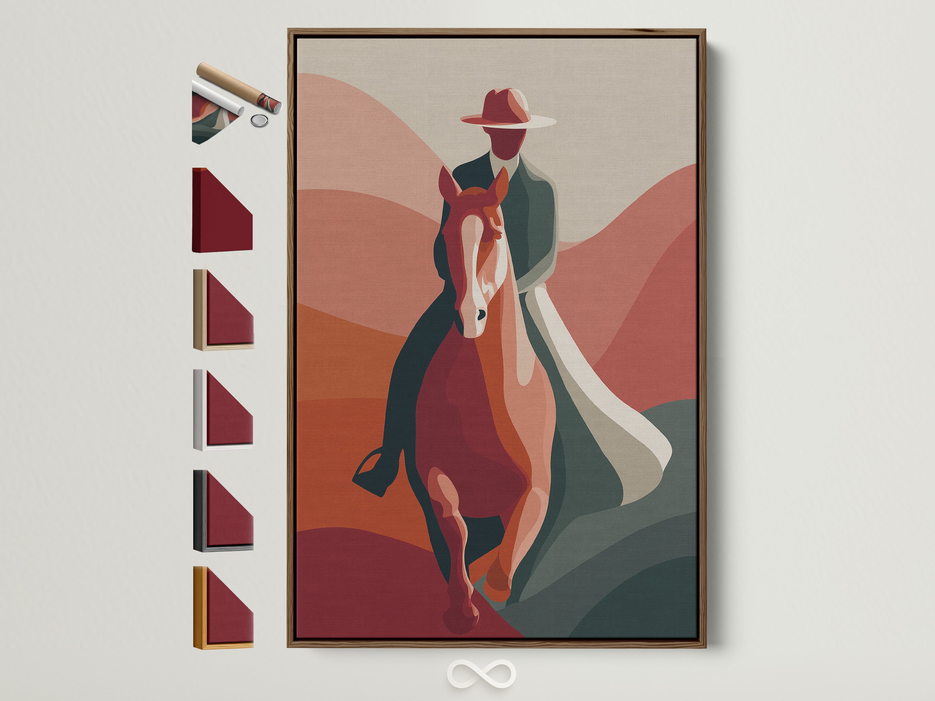 Artwork in a brown frame is displayed with frame options. Explore our diverse frame styles. Find the perfect match for your artwork. Elevate your home decor today. Displaying artwork has never been easier. Find the perfect fit for your style