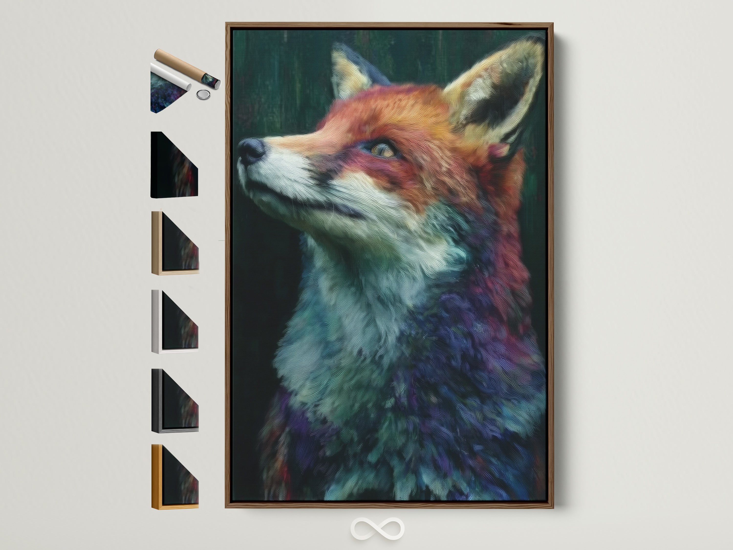 Fox portrait canvas artwork with a brown frame. This colorful wildlife wall art brings a touch of nature to your study room decor. See all frame options available for this modern animal artwork.