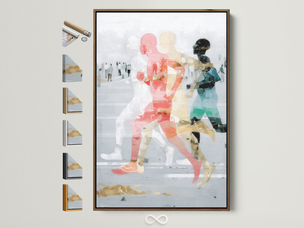 Abstract Runners Art Print with a brown frame. All frame options are displayed on the side. This contemporary artwork is perfect for adding a touch of motion to any room. The red and blue hues create a modern sports wall art piece ideal for office or home decor.
