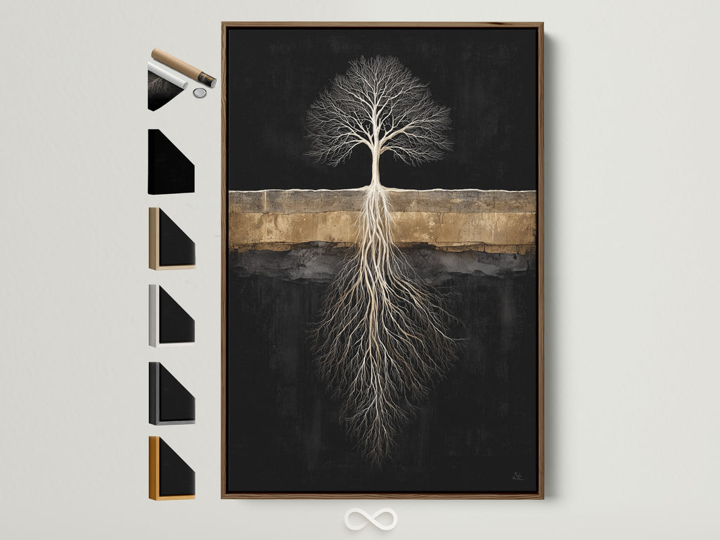 Tree of Life artwork is displayed in a brown frame. Various frame options are presented on the side. Find the perfect frame to complement your modern minimalist nature artwork. Ideal for contemporary wall decor.