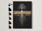 Tree of Life artwork is displayed in a brown frame. Various frame options are presented on the side. Find the perfect frame to complement your modern minimalist nature artwork. Ideal for contemporary wall decor.