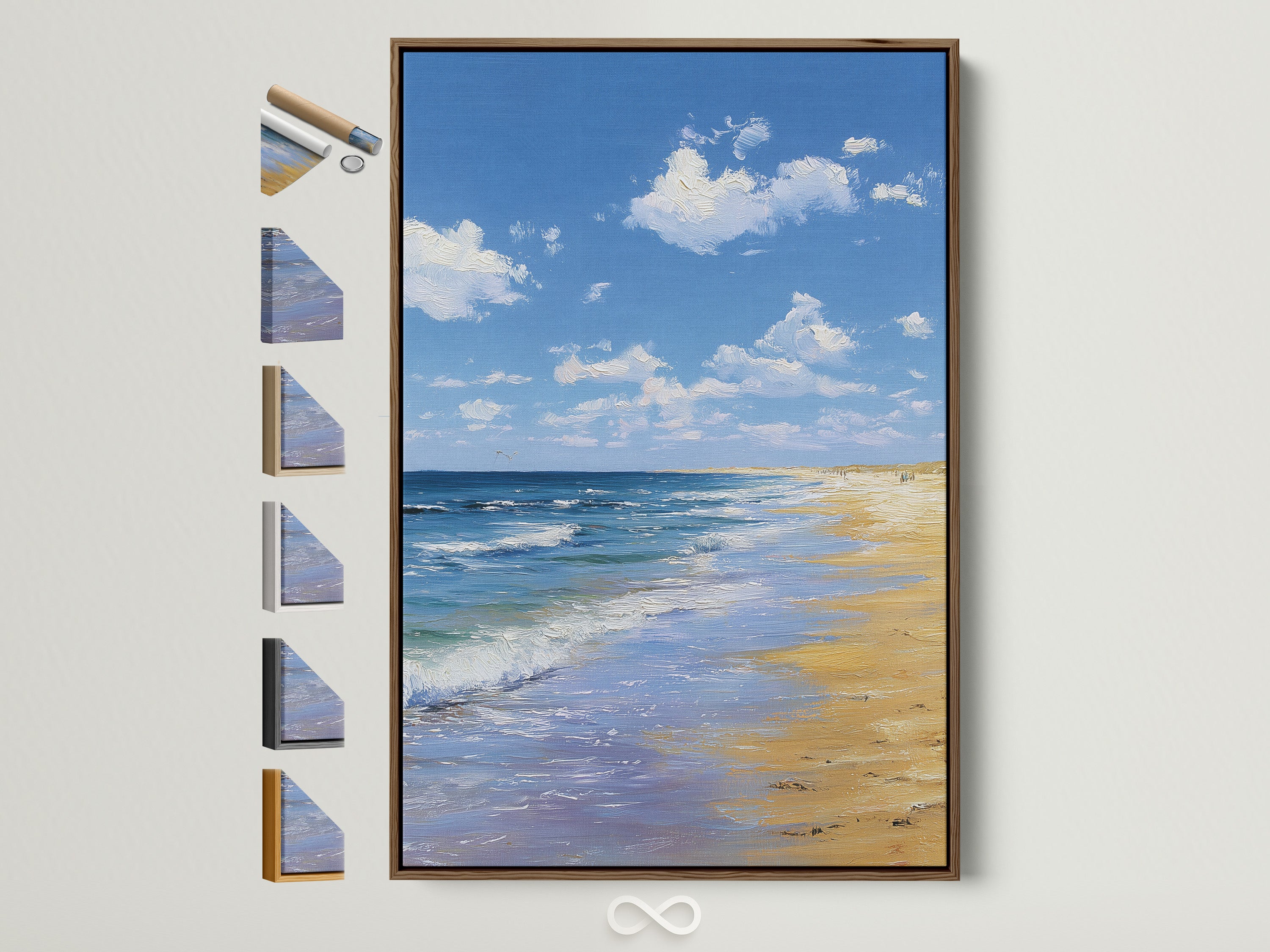 Artwork in a brown frame. The artwork depicts a beach scene. The art is hanging on a white wall. There is a white curtain to the side of the art. The frame color options are displayed on the side.