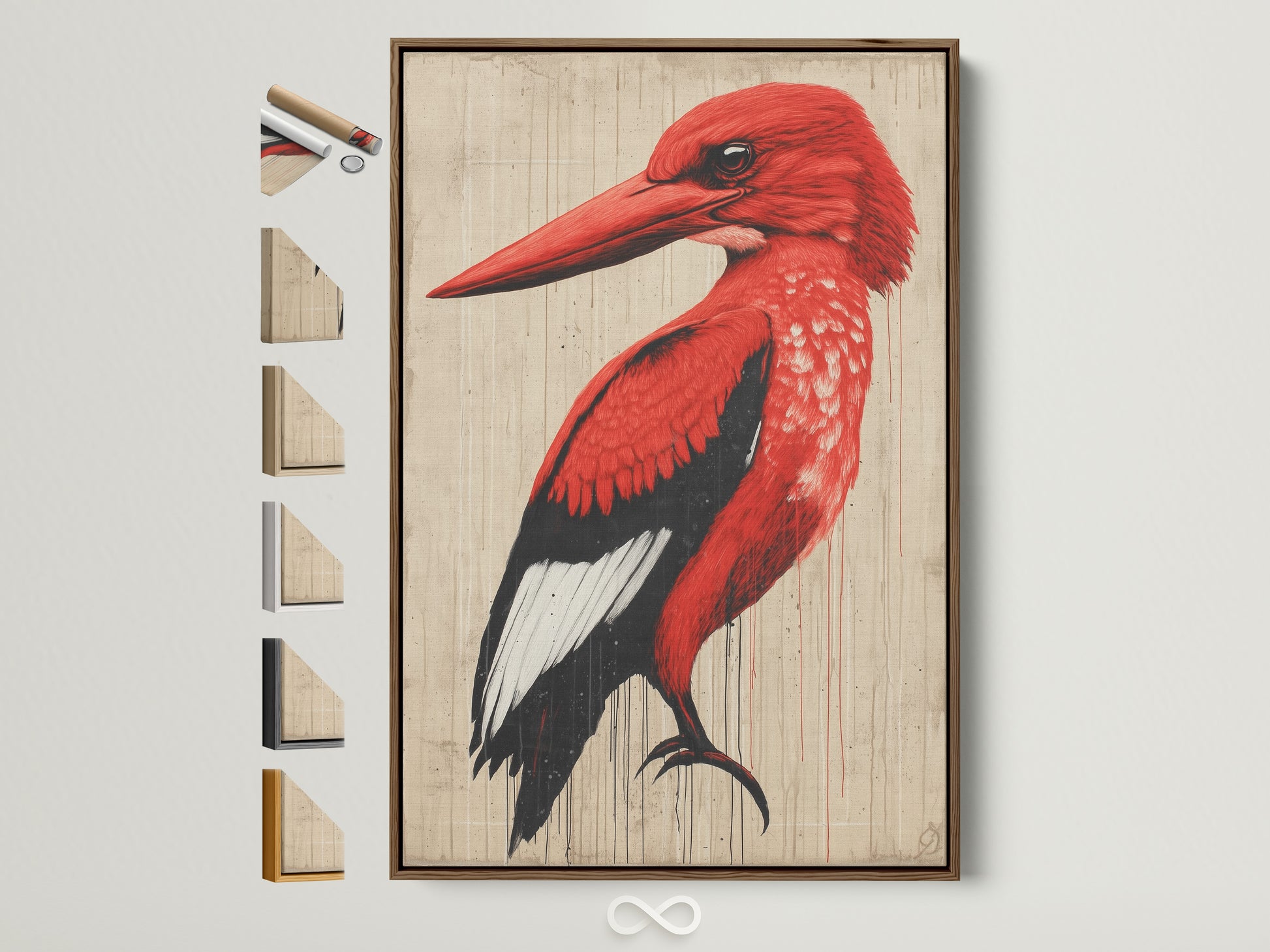 A vintage-style red bird artwork is displayed in a brown frame. Several frame options are presented beside it. The artwork adds a bold statement to any living space. Perfect for nature lovers looking to enhance their home decor.