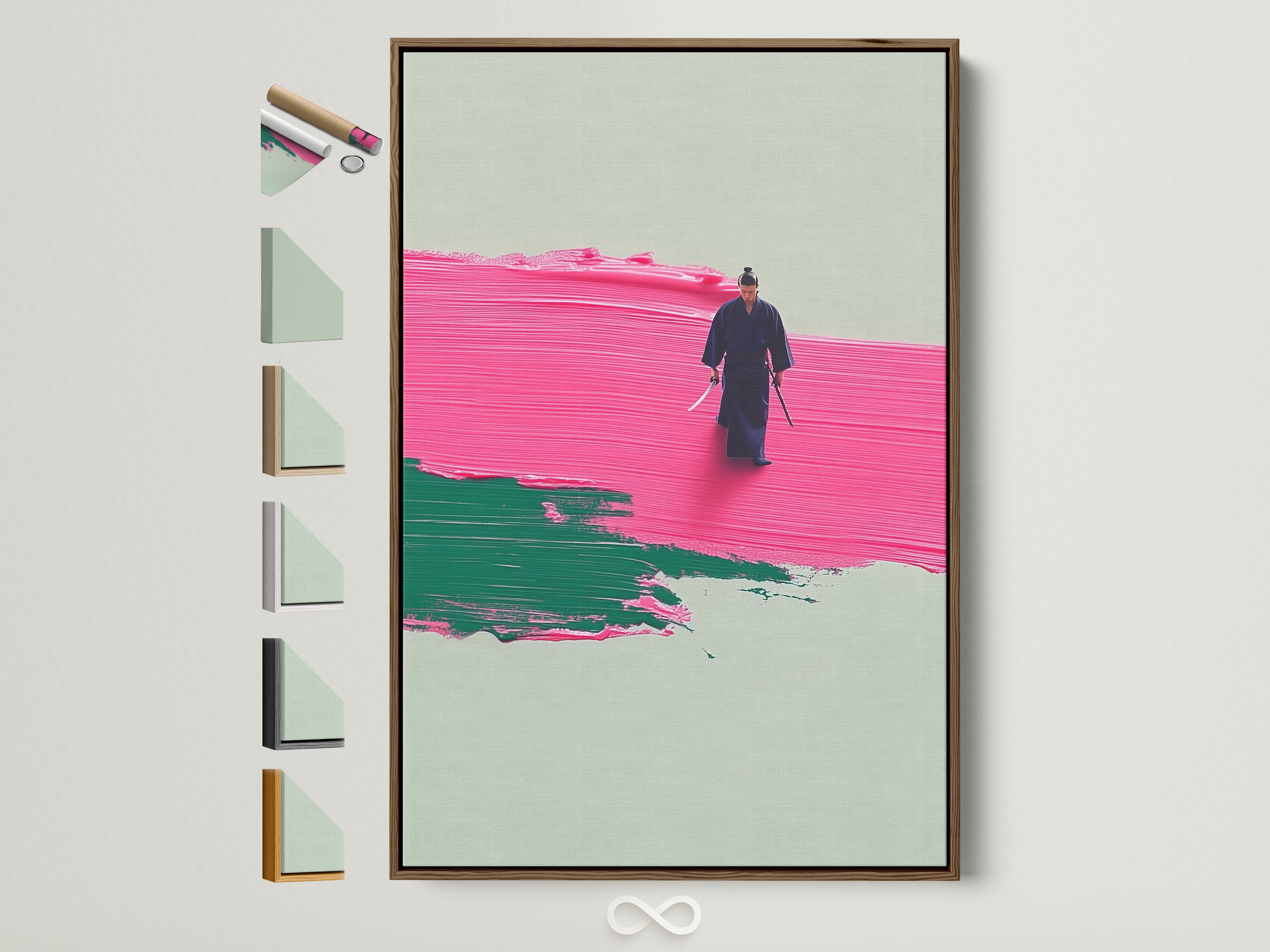 A Brown frame displays the Abstract Pink Samurai Canvas Artwork. View all frame options available. Find the perfect frame to complement your modern minimalist wall art. Enhance your office decor with this unique Japanese warrior poster.