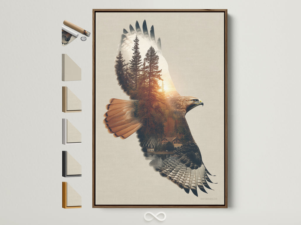 Eagle Forest artwork print in a brown frame. This double exposure wildlife wall art brings nature indoors. The rustic frame enhances the forest and eagle imagery. Perfect for adding a touch of wilderness to any room. The art is displayed with other frame options available to view.