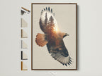 Eagle Forest artwork print in a brown frame. This double exposure wildlife wall art brings nature indoors. The rustic frame enhances the forest and eagle imagery. Perfect for adding a touch of wilderness to any room. The art is displayed with other frame options available to view.