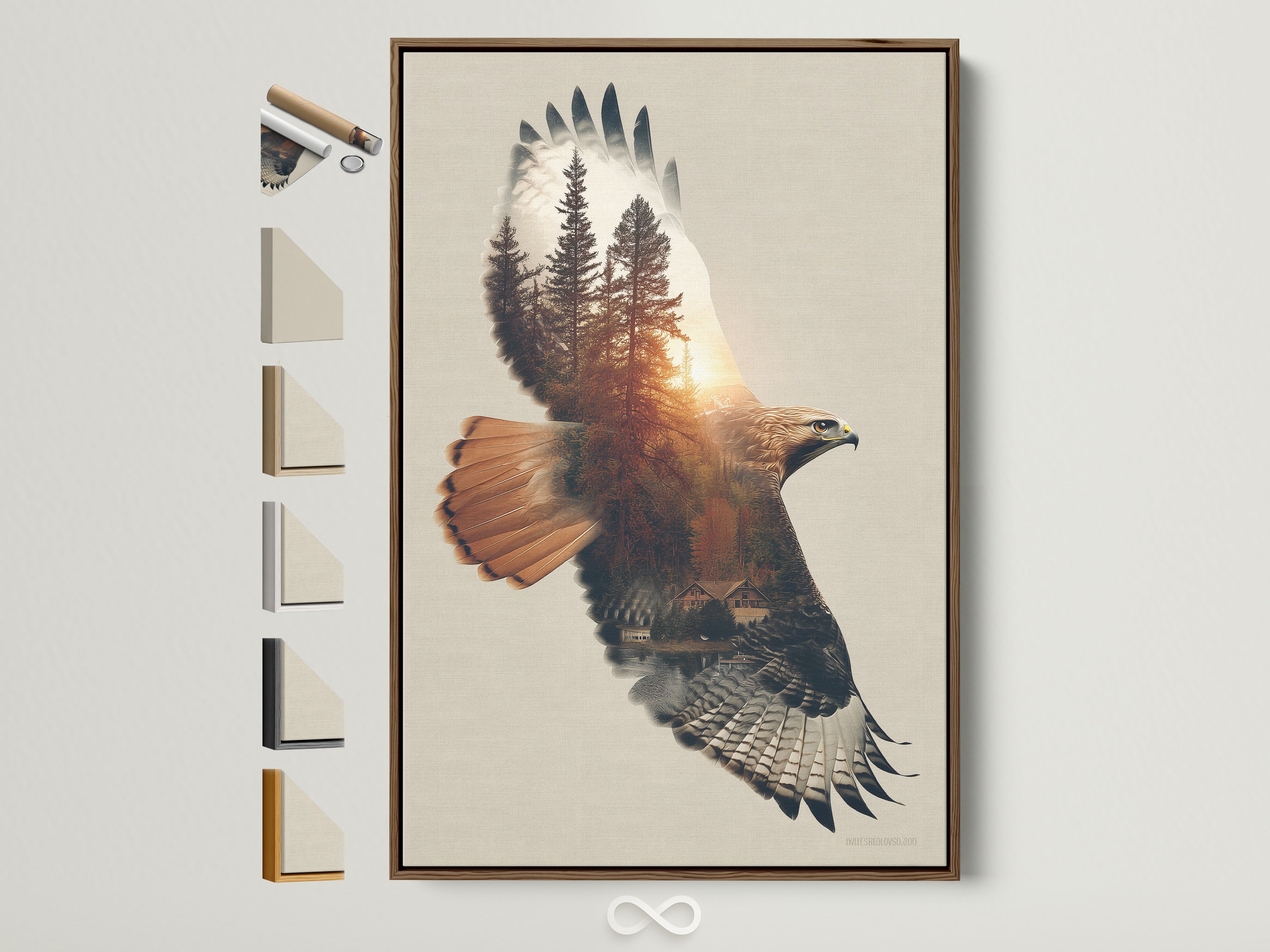 Eagle Forest artwork print in a brown frame. This double exposure wildlife wall art brings nature indoors. The rustic frame enhances the forest and eagle imagery. Perfect for adding a touch of wilderness to any room. The art is displayed with other frame options available to view.