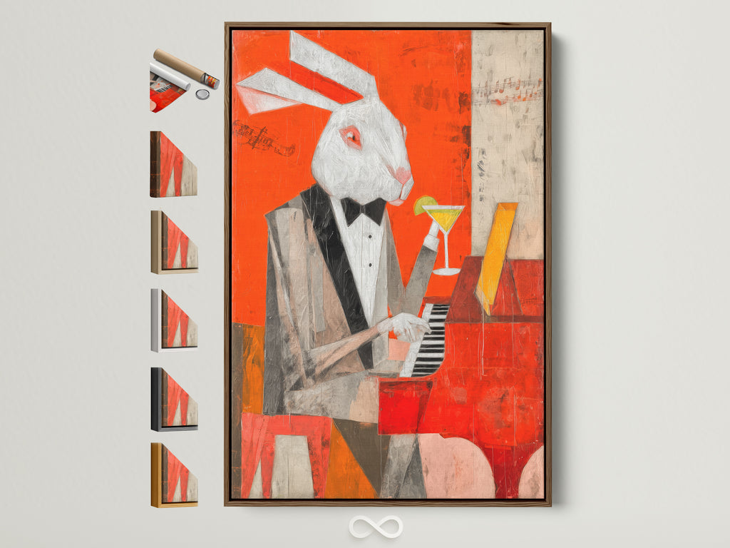 A whimsical canvas art print features a rabbit pianist in a brown frame. The artwork adds character to any room. See all available frame options displayed. Perfect for those who love abstract animal art and quirky wall decor. Shop now to bring jazz music and unique style to your space.