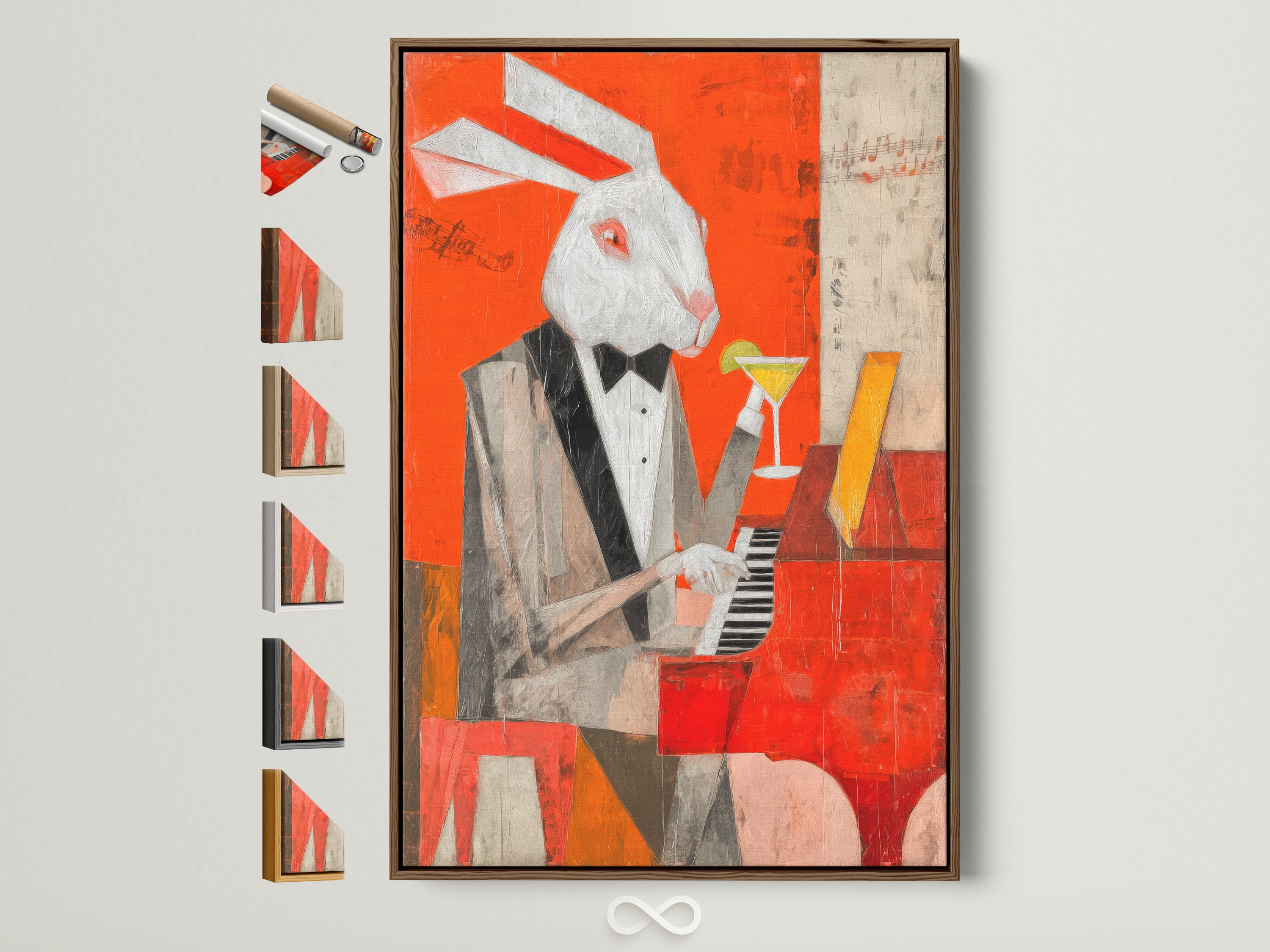 A whimsical canvas art print features a rabbit pianist in a brown frame. The artwork adds character to any room. See all available frame options displayed. Perfect for those who love abstract animal art and quirky wall decor. Shop now to bring jazz music and unique style to your space.