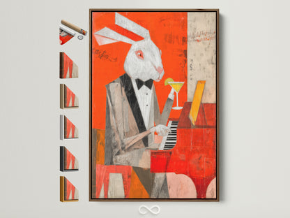 A whimsical canvas art print features a rabbit pianist in a brown frame. The artwork adds character to any room. See all available frame options displayed. Perfect for those who love abstract animal art and quirky wall decor. Shop now to bring jazz music and unique style to your space.