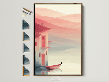 Coastal house canvas artwork with a red boat is displayed within a brown frame. Several frame options are showcased beside the art. Ideal coastal wall art to elevate living room decor. Find minimalist seascape artwork perfect for beach houses or lake houses. The artwork brings a serene and quiet harbor art to any space.