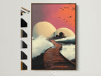 Modern coastal artwork featuring a sunset pier scene in a brown frame. This artwork captures a house on a pier with an orange and pink sky. Frame options are displayed. Ideal for adding a touch of modern seascape to any room. Elevate your space with this ocean canvas art.