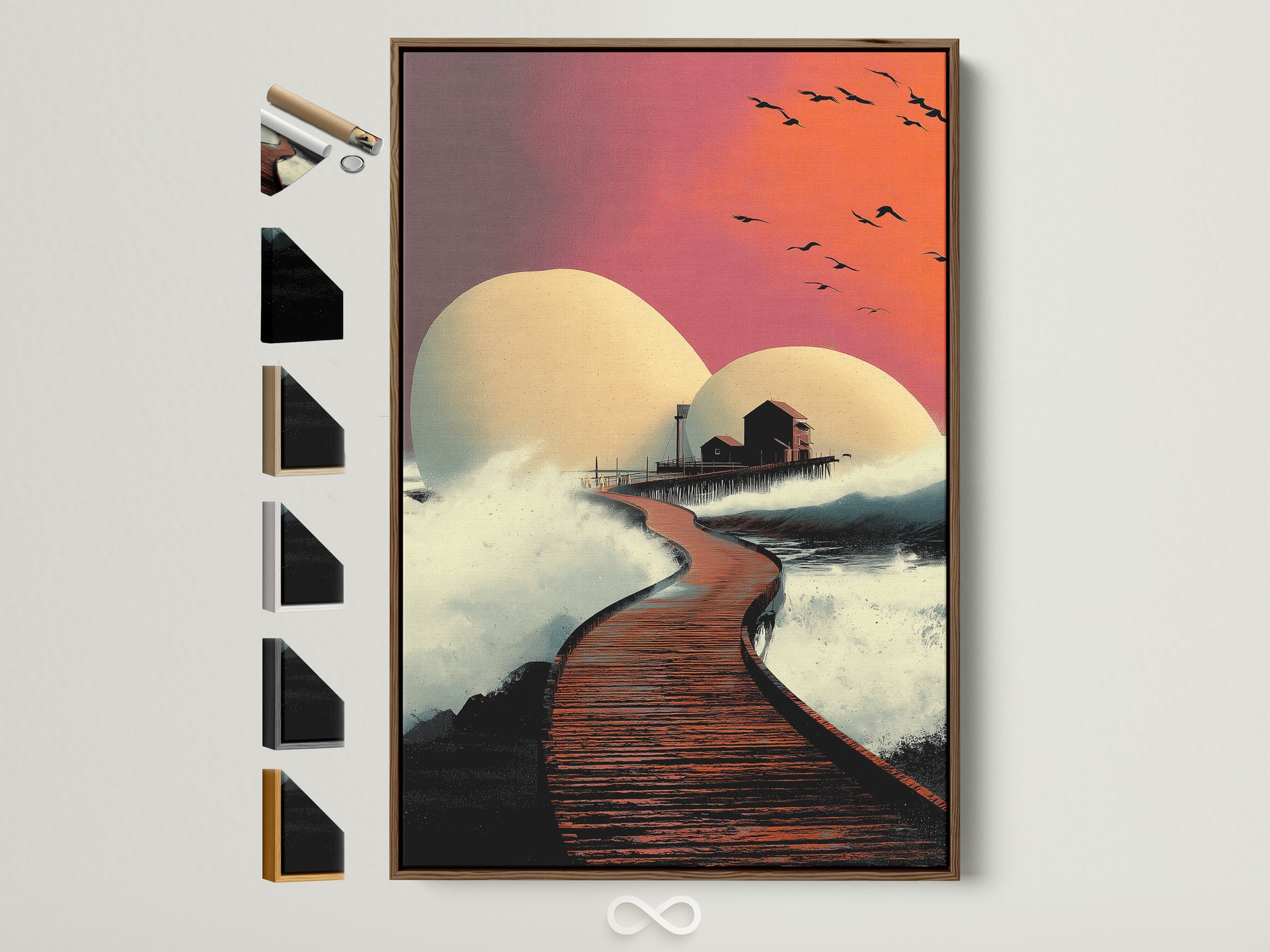 Modern coastal artwork featuring a sunset pier scene in a brown frame. This artwork captures a house on a pier with an orange and pink sky. Frame options are displayed. Ideal for adding a touch of modern seascape to any room. Elevate your space with this ocean canvas art.