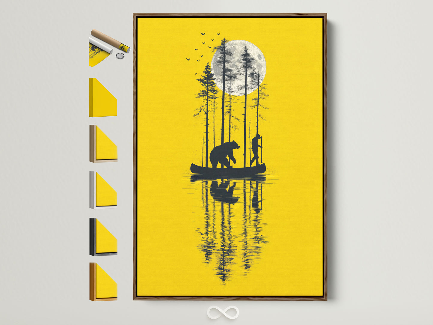 Rustic bear and canoe artwork with a yellow moon is displayed in a brown frame. This nature silhouette print adds cabin decor to any space. Explore frame options to customize your artwork. Perfect for a gift for him or anyone who loves wildlife art.