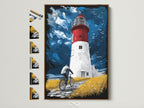 A coastal lighthouse artwork is framed in a brown frame. Explore frame choices to perfectly match your nautical artwork. Select from various frame styles for your new coastal art.