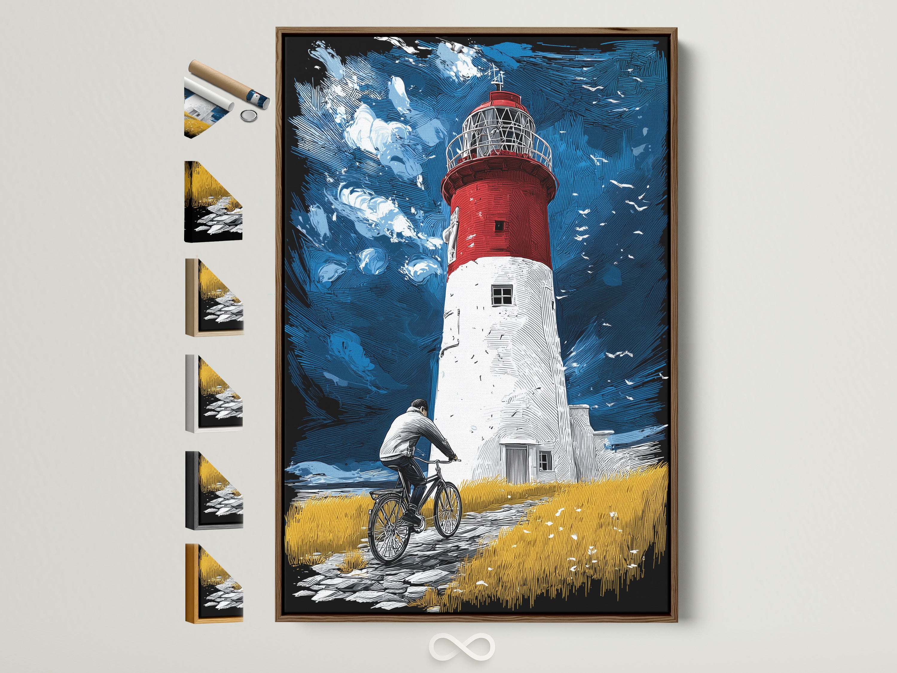 A coastal lighthouse artwork is framed in a brown frame. Explore frame choices to perfectly match your nautical artwork. Select from various frame styles for your new coastal art.
