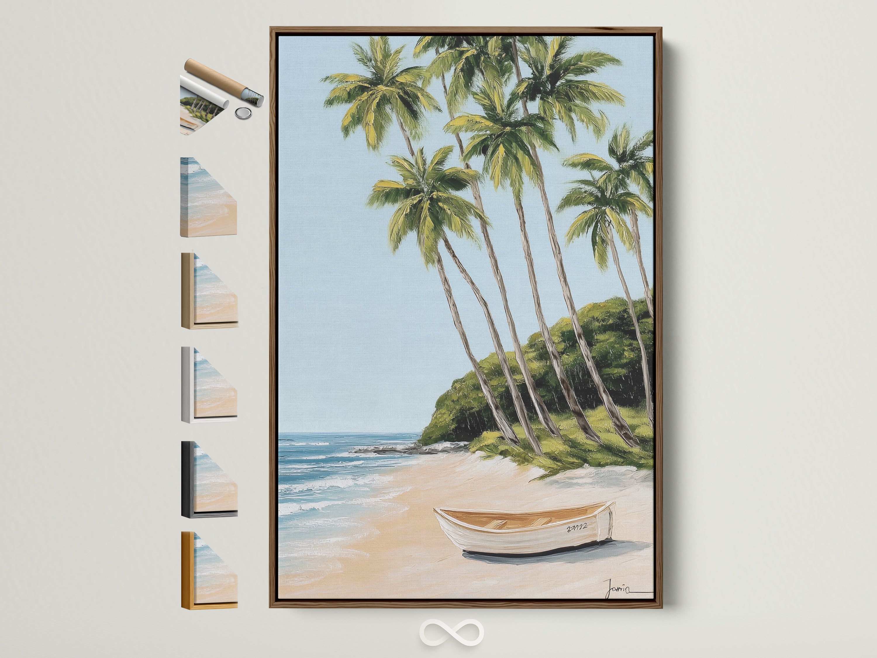 Tropical beach artwork framed in a brown frame. The artwork depicts palm trees and a boat on a beige sandy shore. On the side are other frame options. Consider this coastal artwork for your home or office. Bring the beauty of the beach indoors.