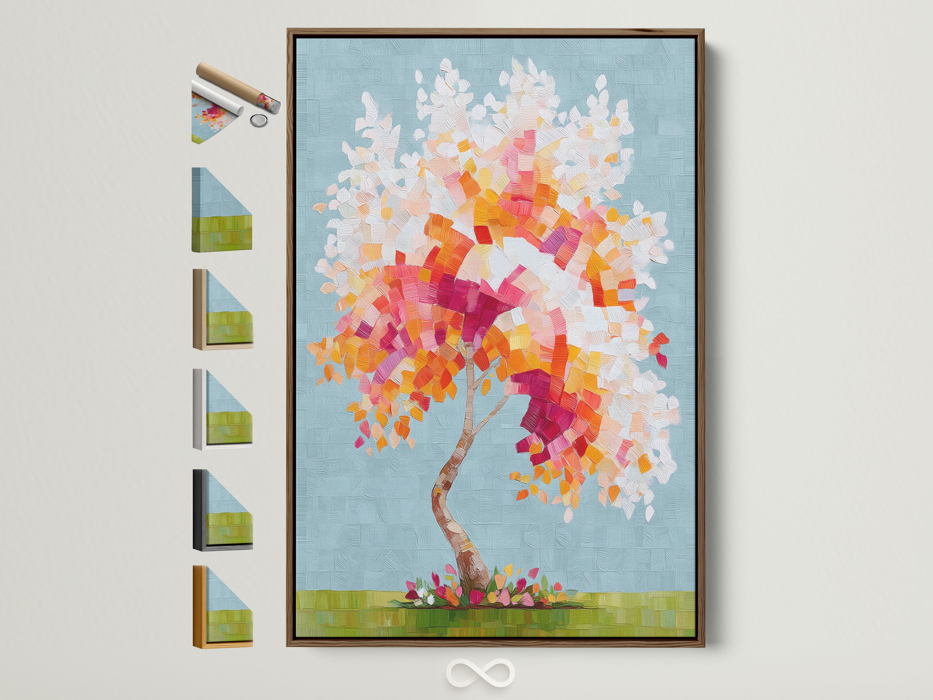A colorful tree artwork is showcased within a brown frame. Notice the various frame options displayed on the side. The mosaic wall art adds a modern touch to bedroom decor. This abstract tree print features pink and orange hues. It's perfect for contemporary spaces.