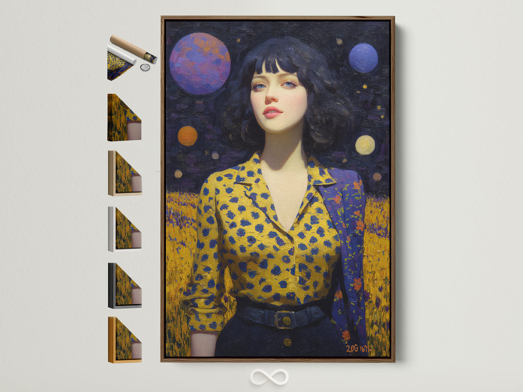Cosmic Woman Portrait artwork in a brown frame hanging on a white wall. The artwork features a surreal woman with a galaxy background. The frame options are displayed on the side. This celestial wall art enhances bedroom decor. It adds a dreamy space art element.