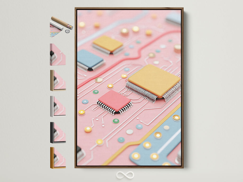 Framed circuit board art print with a brown frame. The artwork features pastel pink computer chips. This tech wall art adds a modern touch to any office or living space. Frame options are displayed on the side.