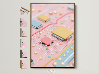 Framed circuit board art print with a brown frame. The artwork features pastel pink computer chips. This tech wall art adds a modern touch to any office or living space. Frame options are displayed on the side.