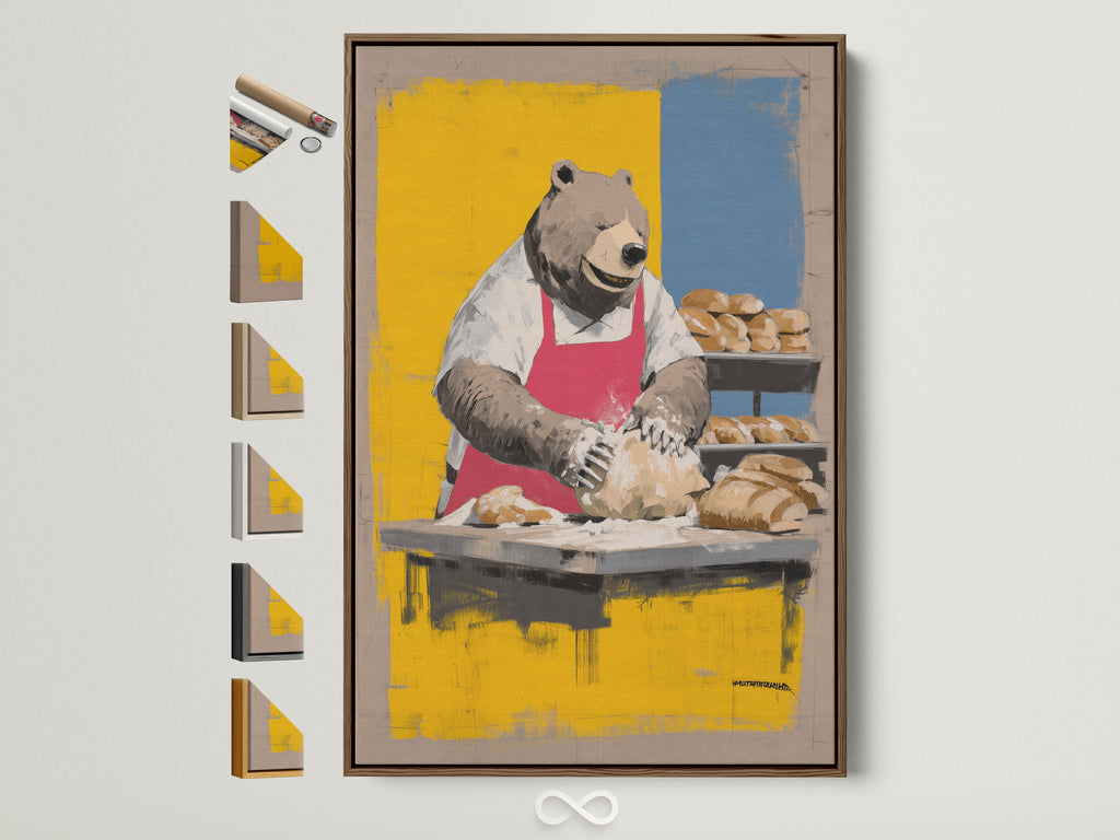 Bear Baker Canvas Print in a brown frame. See all frame options available. This whimsical kitchen wall art is perfect for dining room decor. The chef bear artwork adds a touch of humor. It is great for food enthusiasts seeking unique animal art and bakery wall decor.