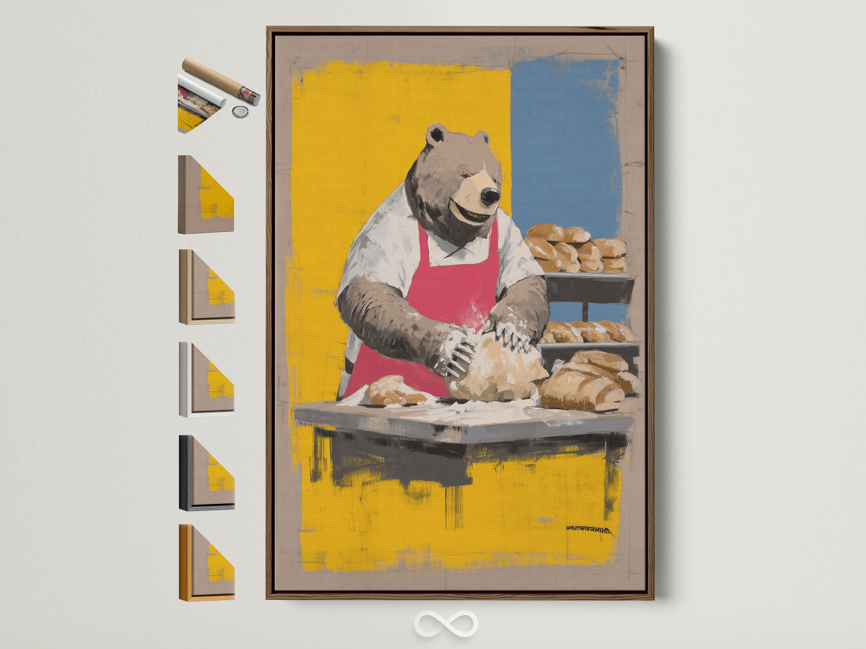 Bear Baker Canvas Print in a brown frame. See all frame options available. This whimsical kitchen wall art is perfect for dining room decor. The chef bear artwork adds a touch of humor. It is great for food enthusiasts seeking unique animal art and bakery wall decor.