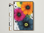 Vibrant flower artwork in a brown frame. This colorful botanical wall art features orange pink and blue flowers. The artwork complements minimalist Scandinavian or eclectic interiors. Perfect for bedroom art or living room wall decor. All frame options are displayed.