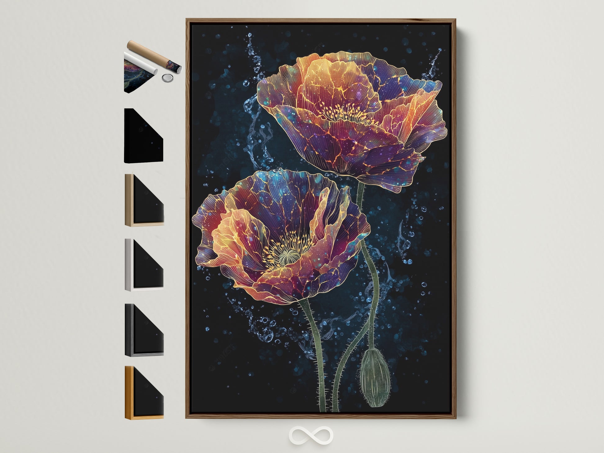 A floral poppy canvas artwork is displayed in a brown frame. The artwork features moody botanical elements perfect for a study room or living space. All available frame options are showcased. Explore floral wall art dark academia and elevate your space with our flower art prints.
