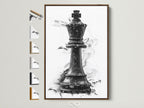 Artwork of a chess king piece in a brown frame. The frame is hung on a wall. All frame options are displayed on the side. Find the perfect frame to complement your artwork. Elevate your space with a stunning framed art piece.