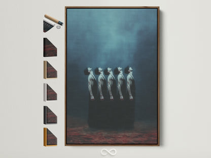 A surreal figures canvas print is displayed in a brown frame. The artwork features ethereal human forms. All frame options are visible on the side. This moody teal wall art enhances meditation room decor. It is a unique piece for art connoisseurs.