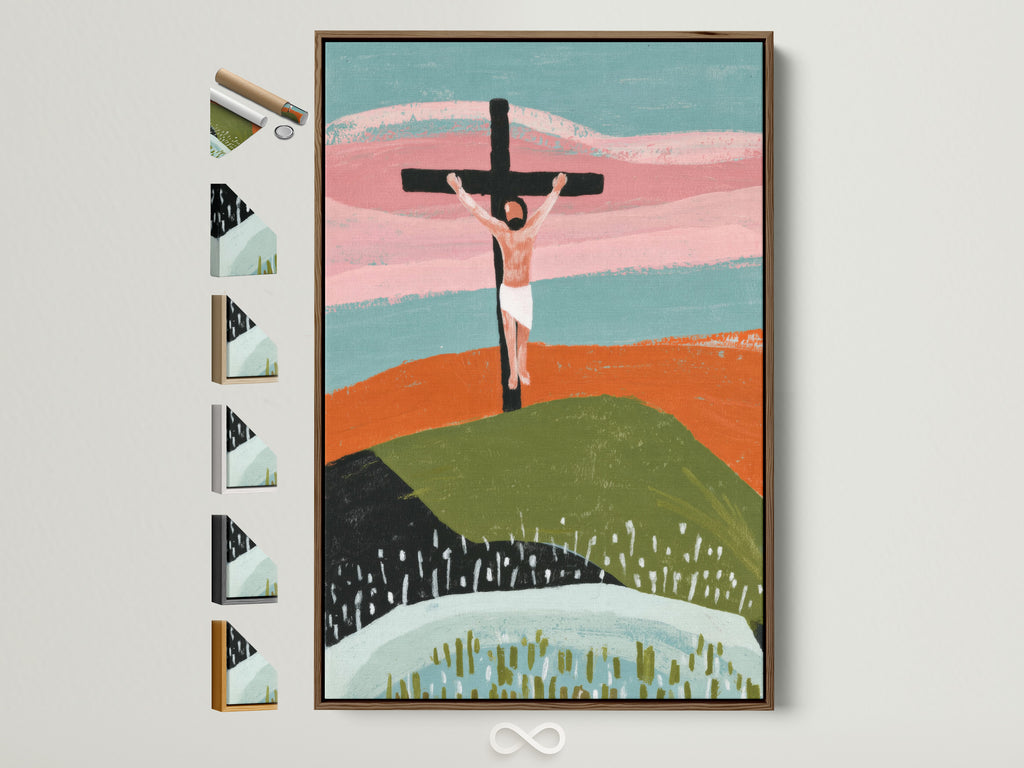 Abstract art print of Jesus Christ on the cross in a brown frame. This image displays all available frame options. Choose the perfect frame to match your home decor. Find the ideal frame to complement your artwork.
