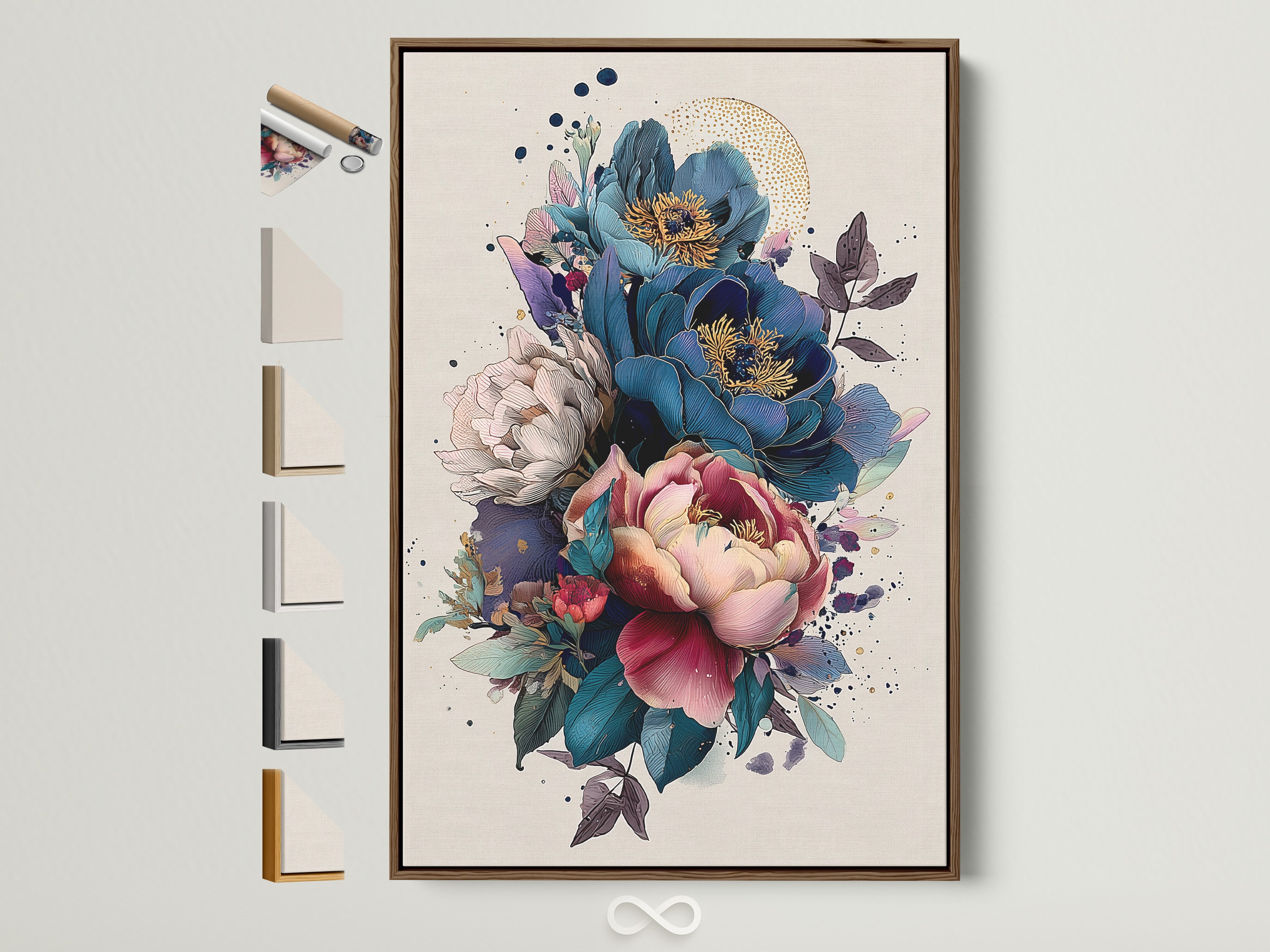 Vintage Floral Art Print - Blue Pink Peony Botanical Wall Art, Modern Home Decor, Living Room Bedroom Art, Nature Illustration