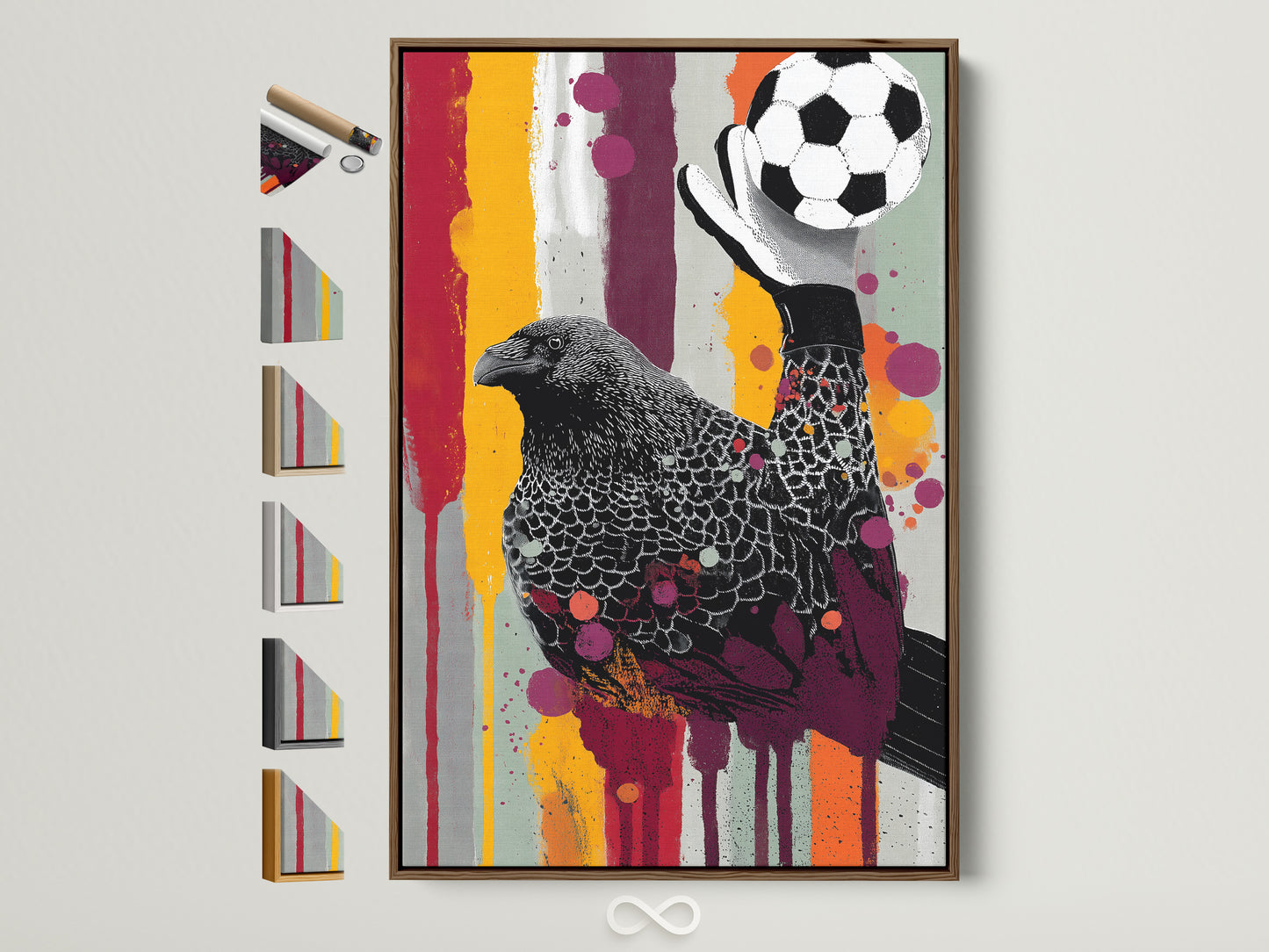 Raven Goalkeeper art piece in a brown frame. The image shows all available frame color options. Perfect sports wall art for a kid's room. A unique artwork for a soccer fan. This bird art print makes a great sports gift.