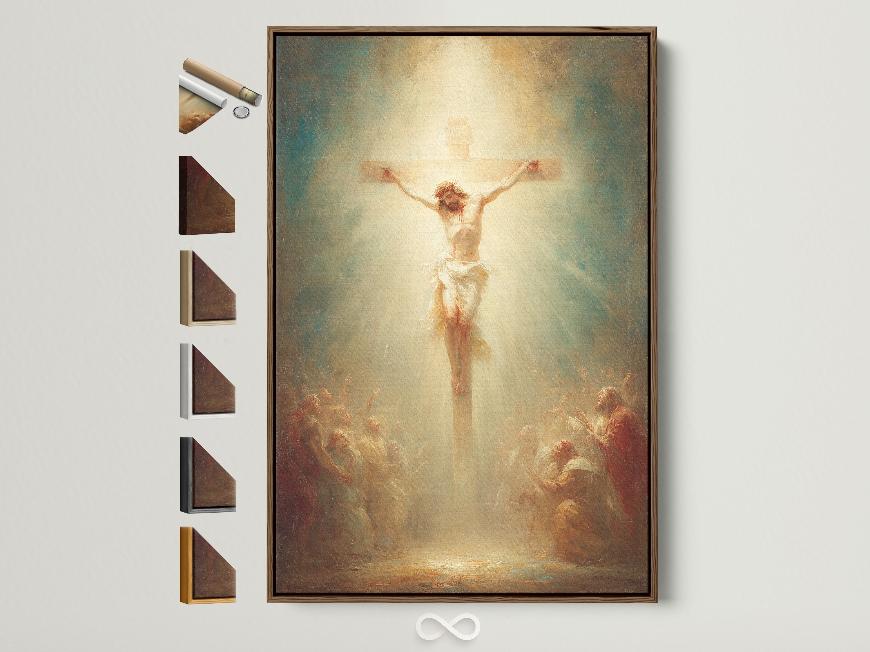 A captivating artwork featuring Jesus on the cross. The art is framed in a brown frame. Discover various frame options to perfectly complement your artwork. Explore our selection and find the ideal frame for your space. Elevate your artwork with our premium framing options.