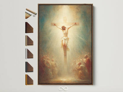 A captivating artwork featuring Jesus on the cross. The art is framed in a brown frame. Discover various frame options to perfectly complement your artwork. Explore our selection and find the ideal frame for your space. Elevate your artwork with our premium framing options.