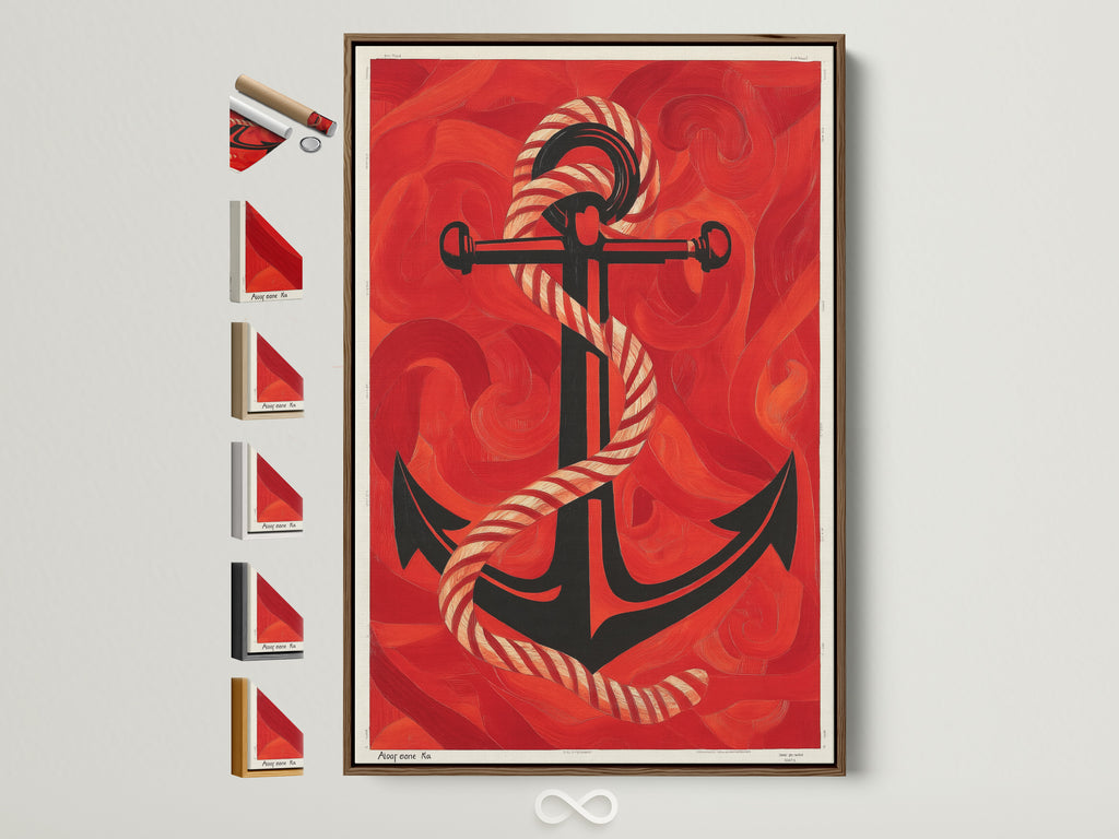 Nautical Anchor Art Print in a Brown Frame. This maritime wall decor features a red ocean canvas. It's perfect coastal home decor. This sailor gift captures a vintage anchor. The sea themed art elevates any beach house. A great choice for navy art lovers.