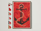 Nautical Anchor Art Print in a Brown Frame. This maritime wall decor features a red ocean canvas. It's perfect coastal home decor. This sailor gift captures a vintage anchor. The sea themed art elevates any beach house. A great choice for navy art lovers.
