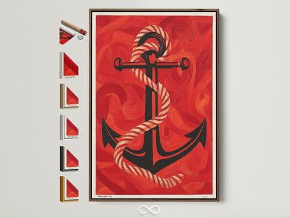Nautical Anchor Art Print in a Brown Frame. This maritime wall decor features a red ocean canvas. It's perfect coastal home decor. This sailor gift captures a vintage anchor. The sea themed art elevates any beach house. A great choice for navy art lovers.