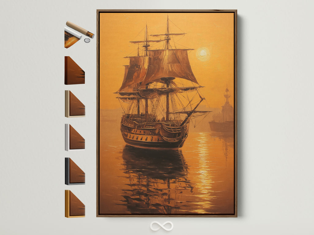 Artwork of a sailing ship in a brown floating frame. The frame options are displayed on the side. This artwork is perfect for adding a touch of nautical charm to any room. The brown frame complements the colors of the painting. It creates a cohesive and stylish look. The artwork is sure to be a conversation starter for your guests.
