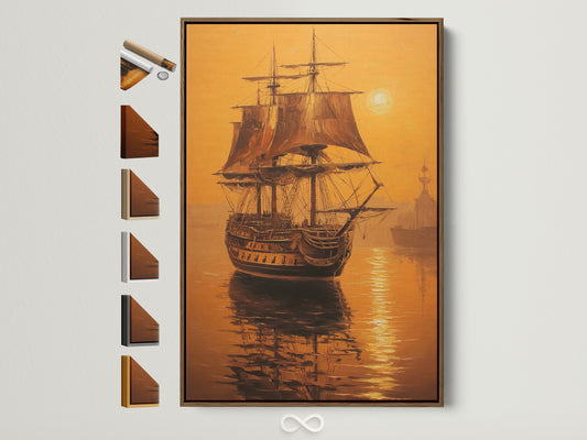 Artwork of a sailing ship in a brown floating frame. The frame options are displayed on the side. This artwork is perfect for adding a touch of nautical charm to any room. The brown frame complements the colors of the painting. It creates a cohesive and stylish look. The artwork is sure to be a conversation starter for your guests.