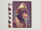 A captivating chimp pope art print is displayed in a warm brown frame. This surreal religious wall art adds a quirky touch to any space. Explore various frame options to perfectly complement this monkey bishop canvas print. It's ideal for bringing humor and sophistication to your home or office decor.