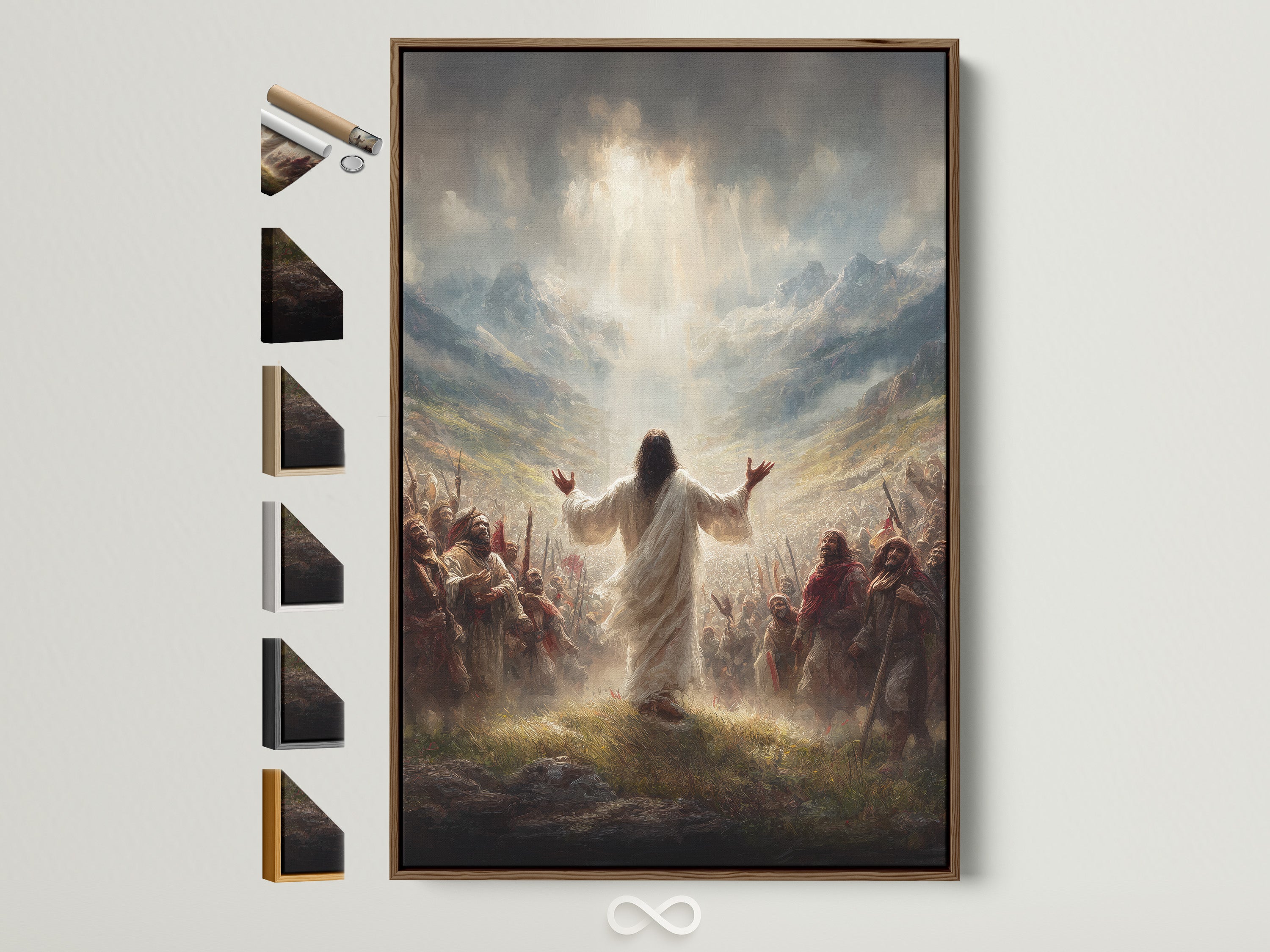 Explore our framed Jesus Christ canvas artwork. See the brown frame alongside other frame color options. Perfect spiritual faith artwork for church office decor. Find religious wall art and Christian home art here.