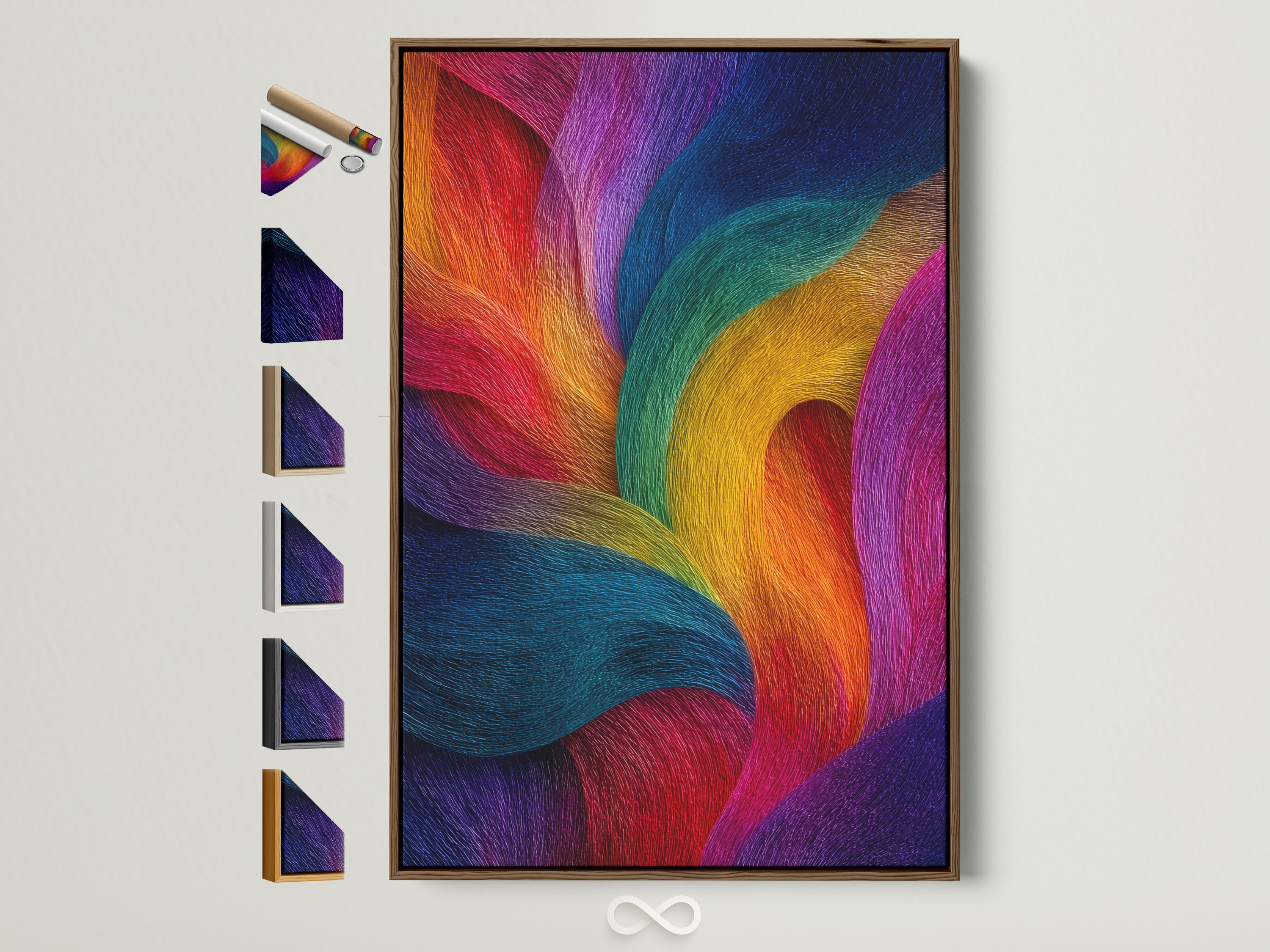 A vibrant artwork is displayed in a brown frame. Notice the various frame options showcased on the side. Each frame offers a unique way to present and enhance your chosen art. Discover the perfect frame to complement your artwork and interior style. This is a great way to customize art.