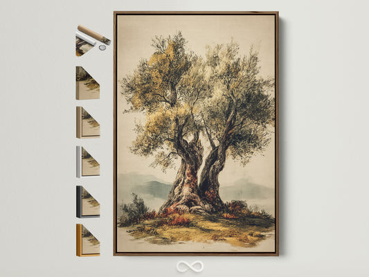 A framed artwork of a tree hangs on a white wall. The frame is brown and thin. Additional frame options are displayed to the side. This artwork would look great in any home.