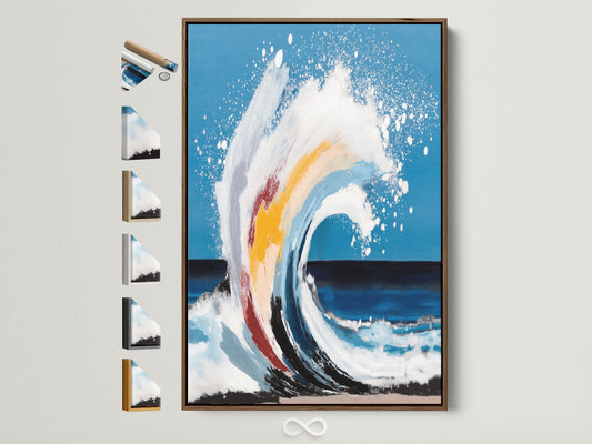 Explore framing options for your ocean wave artwork. This brown frame showcases available styles. See how each frame enhances the teal blue abstract seascape. Perfect for coastal wall art or beach house decor.