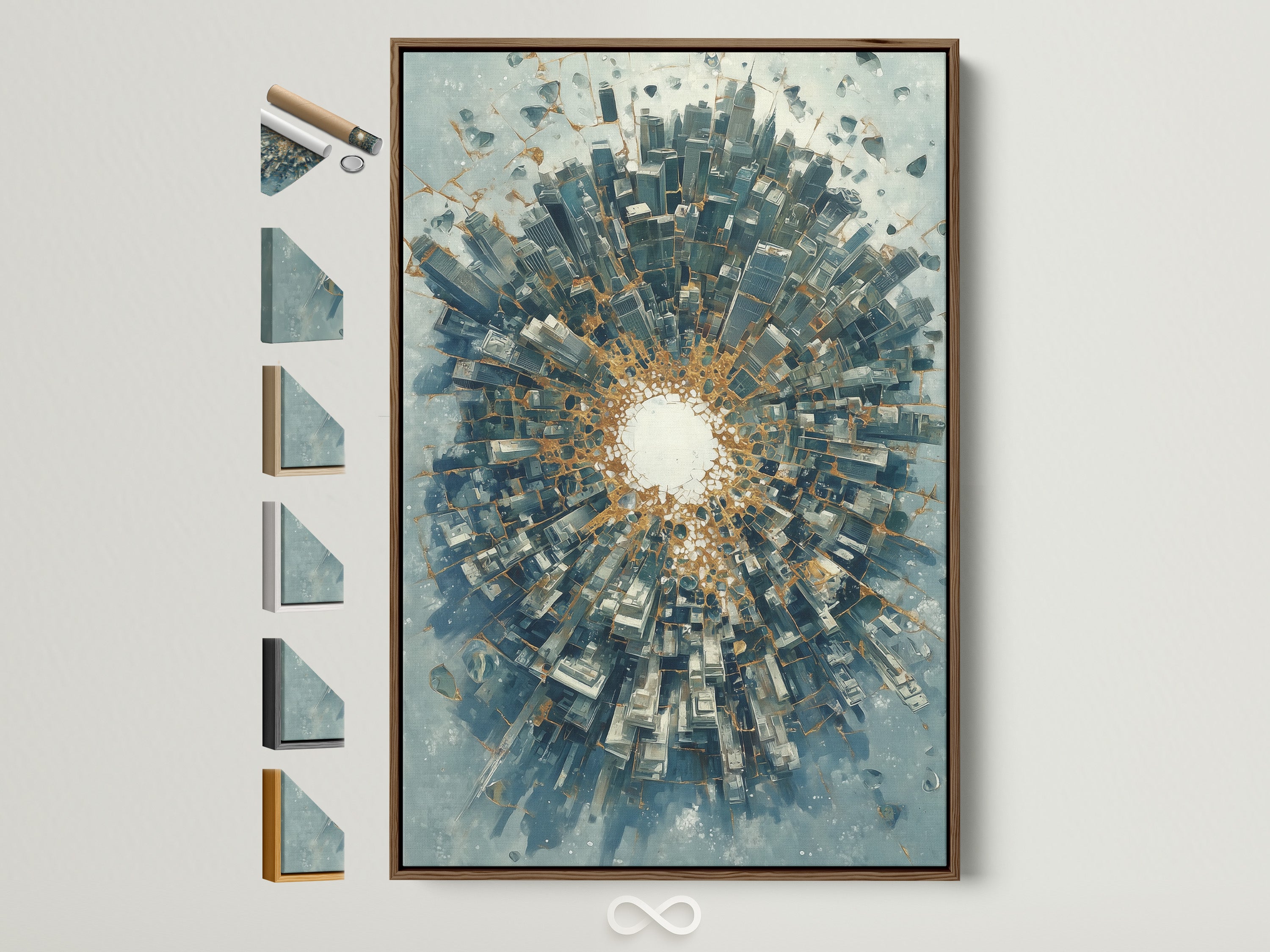 Abstract cityscape artwork in a brown frame. This urban skyline tunnel art features a modern blue and gold print. Notice all the frame options displayed on the side. This contemporary piece is perfect for office wall decor.